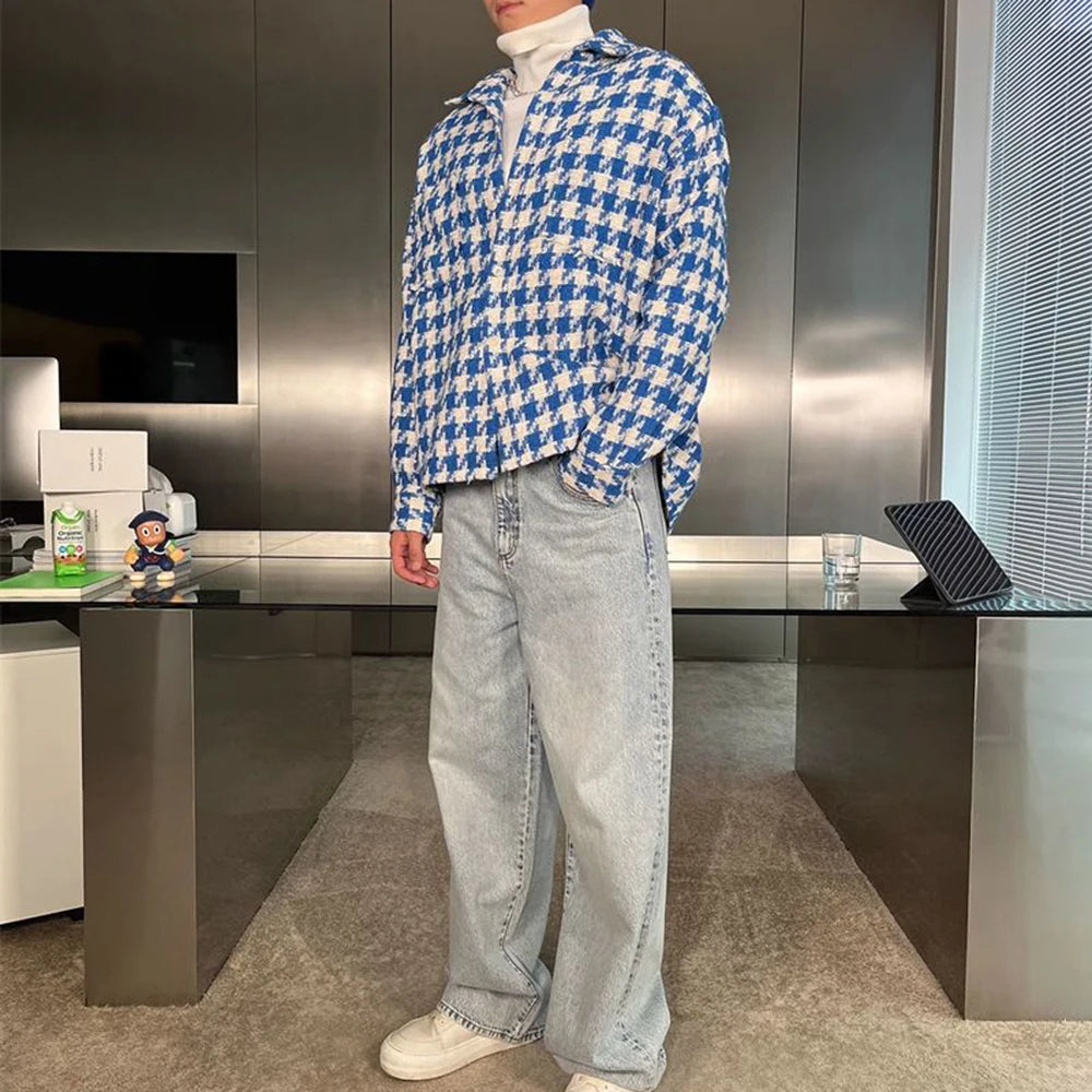 2024 Spring New Simple Versatile Fashionable Blue Houndstooth Woolen Shirt Style Genderless Casual Unisex Long-Sleeved Shirt Street King Limited