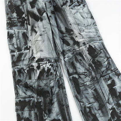 vintage dirty tie dye baggy jeans men multi pocket loose white straight jeans trousers luxury designer oversized denim pant unique jeans style 1930