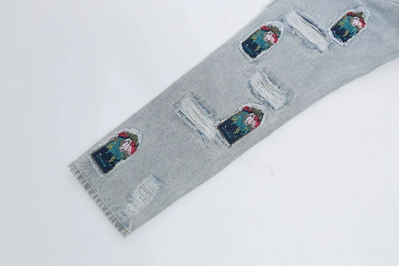 retro patch embroidered pleated jean for men street wear washed destroyed straight patchwork ripped jeans pants baggy hip hop unique jeans style 89