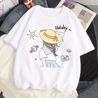 Pure cotton short-sleeved large size versatile T-shirt women's loose new student top trendy women clothing y2k tops emo clothes Street King Limited