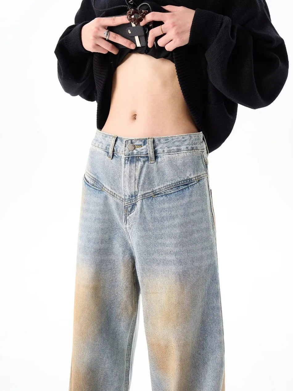 2024 High Street Washed Mens Jeans Gradient Color Blocking Hip Hop Blue Cowboy Pants Loose Straight Leg Denim Trousers Trend Street King Limited