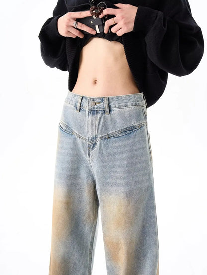 2024 High Street Washed Mens Jeans Gradient Color Blocking Hip Hop Blue Cowboy Pants Loose Straight Leg Denim Trousers Trend Street King Limited