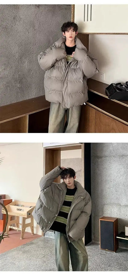 Winter Korean style stand up collar trend PU leather men and women high-end feeling thick cotton jacket couple loose casual top Street King Limited