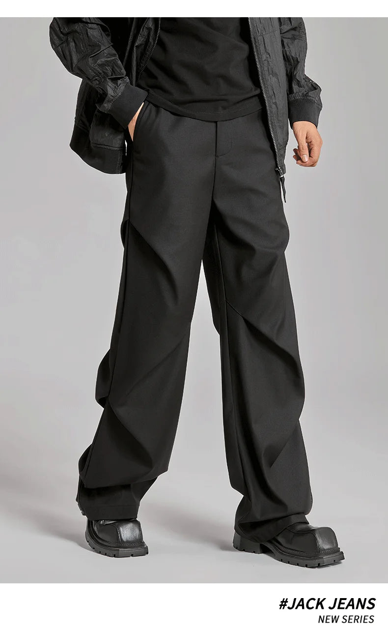 extended length edition wrinkle fashion men streetwear fashion hip hop vibe loose casual straight black suit pant trousers unique default style 1826