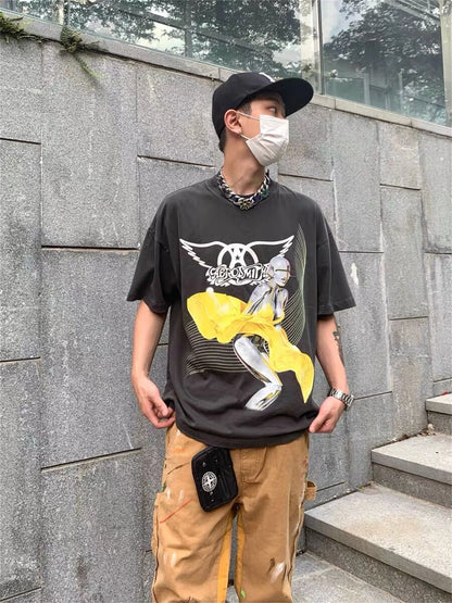Summer Vintage Retro Style Printing Washed Casual Loose High-Street Tops T-Shirt For Men Street King Limited