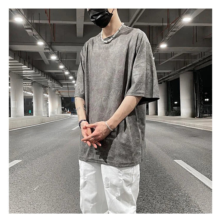 Merican Hip-hop Summer Thin Section Suede Cashew Flower Print Tshirts Tops Men and Women Loose Short-sleeved T-shirts Oversized Street King Limited