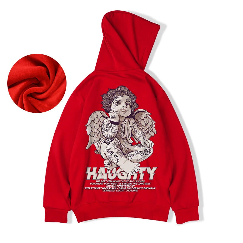 Autumn Haughty Angel Graphic Fleece Hoodies For Men Oversized Retro Loose Hoody Sweatshirts American Streetwear Y2K Clothes Street King Limited