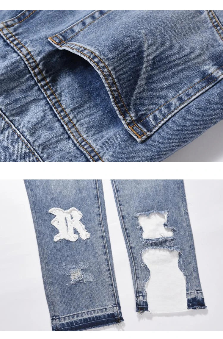 letters patckwork bottom ripped denim jeans men casual straight biker trousers fashion streetwear hip hop jean pants joggers unique joggers style 2733