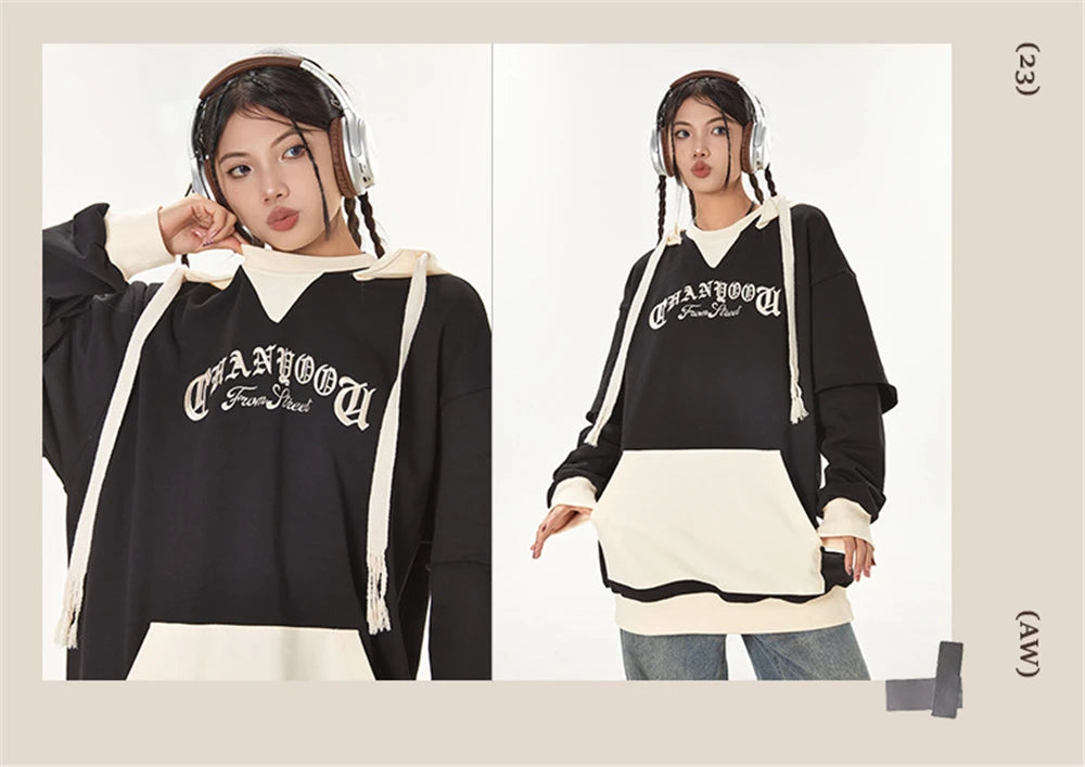 2023 Autumn Color Patchwork Hoodie Men Hip Hop Streetwear Letter Embroidered Sweatshirt Y2K Unisex Harajuku Couple's Pullover Street King Limited