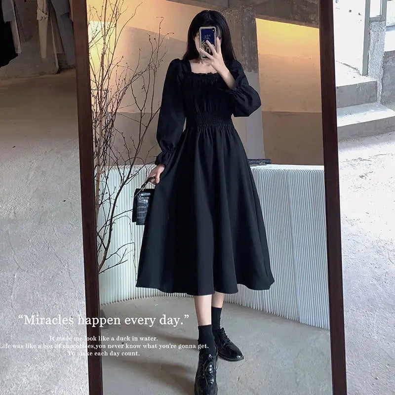 Black Elegant Dress Women Vintage Long Sleeve Spring Autumn Dresses Square Collar Oversize Loose Casual Robe Streetwear Street King Limited