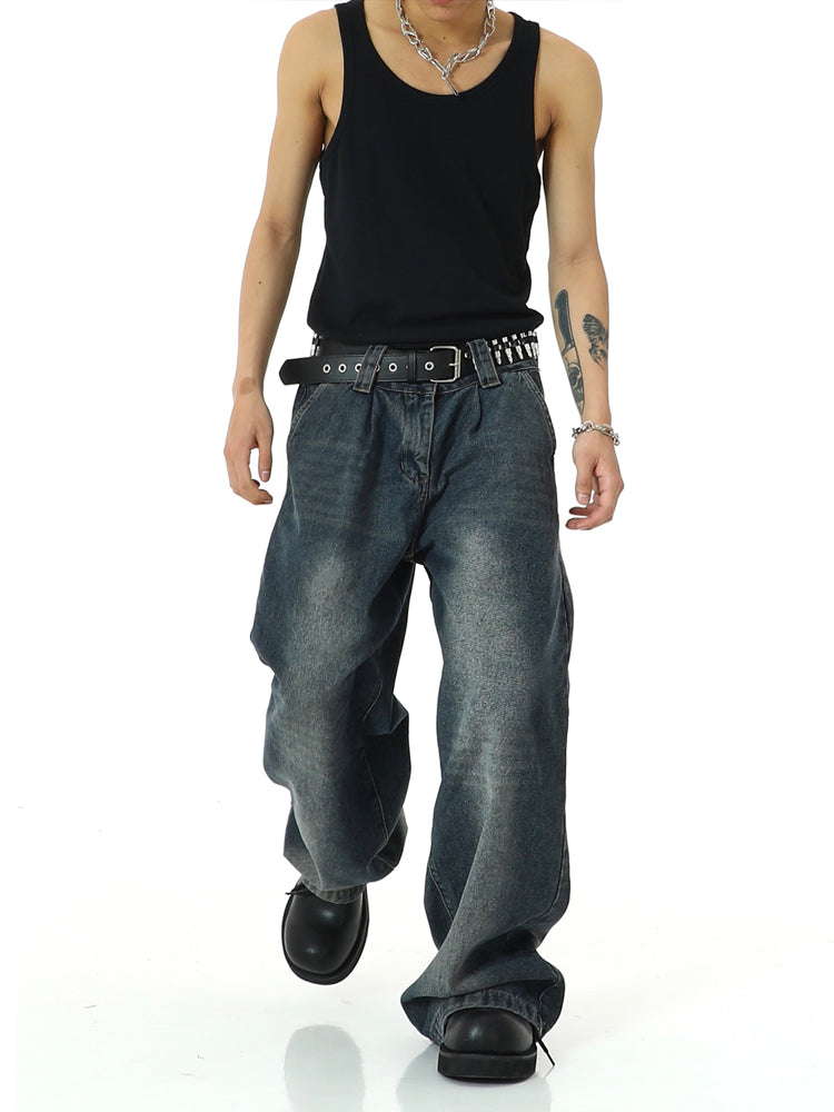 mens high street loose denim jeans unisex casual straight zipper jeans hip hop streetwear casual wide legs joggers baggy jeans unique joggers style 5087