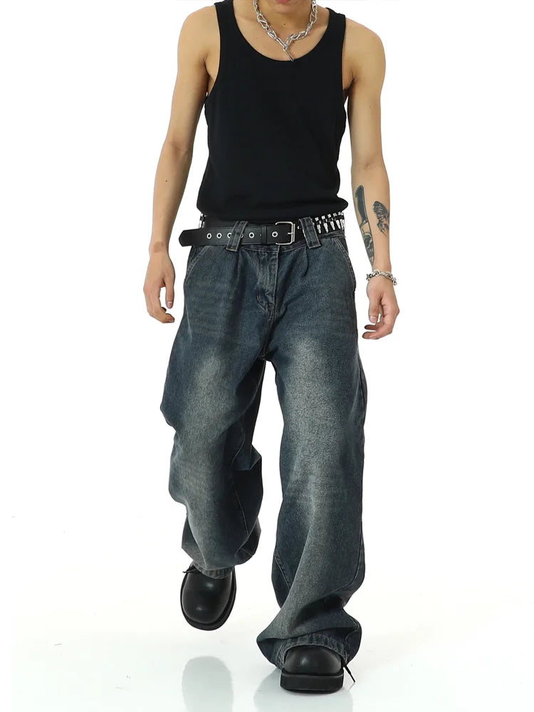 mens high street loose denim jeans unisex casual straight zipper jeans hip hop streetwear casual wide legs joggers baggy jeans urban active pants