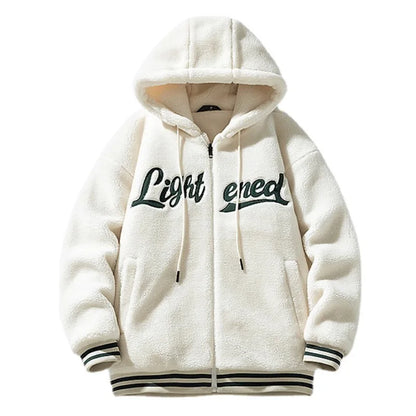 men fleece jackets and coats casual letter embroidery hairy zipper hooded outerwear warm streetwear parkas loose bomber jacket unique default style 3456