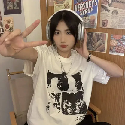 2024 Summer Cute Cat Print T shirt Fashion Y2K Loose personality Fresh Retro Simple Harajuku kawaii clothes Short Sleeve Top Street King Limited