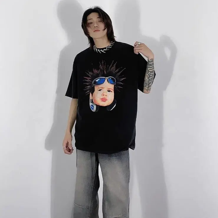 Korean pure cotton printed short-sleeved T-shirt for men and women creative angel hip-hop street Y2K loose half sleeved top Street King Limited