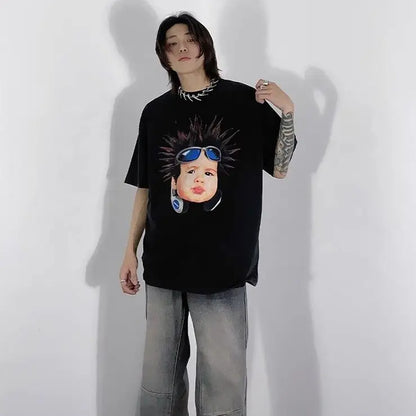 Korean pure cotton printed short-sleeved T-shirt for men and women creative angel hip-hop street Y2K loose half sleeved top Street King Limited