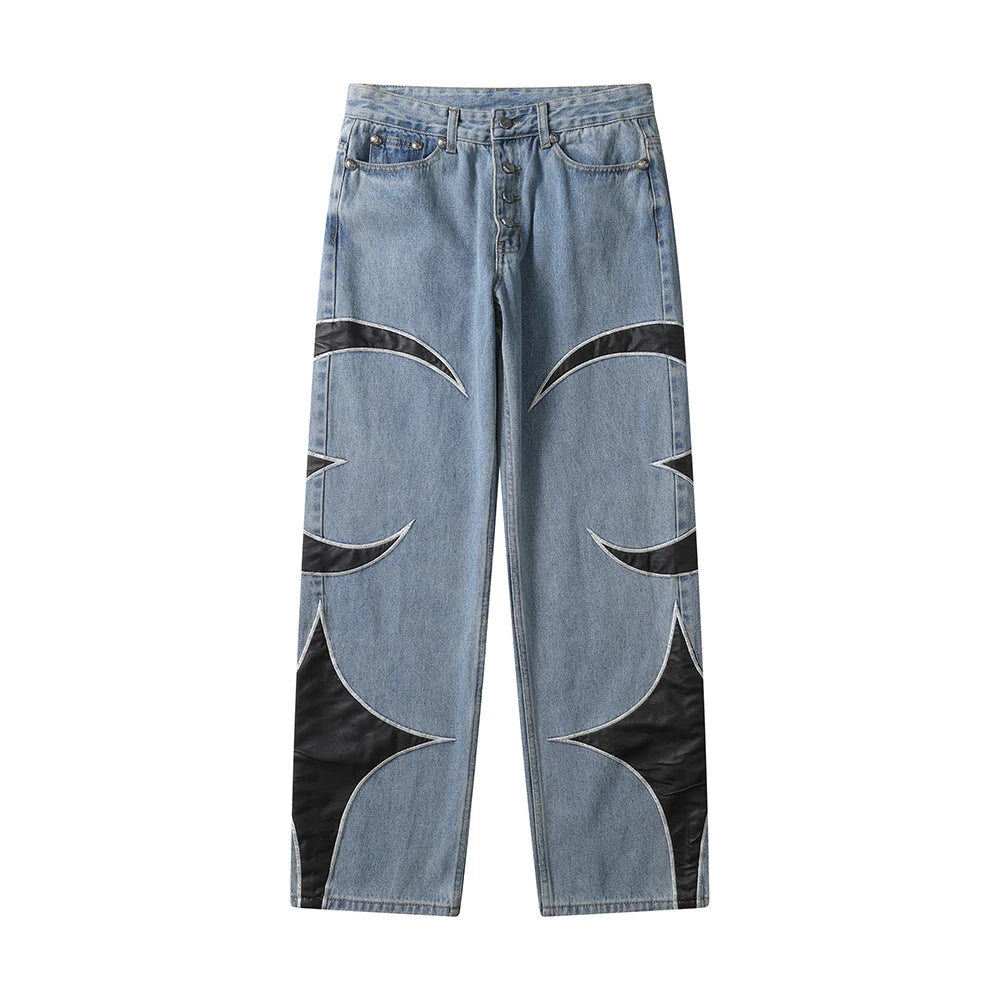 letter embroidery pu leaher patchwork baggy y2k jeans mens streetwear straight oversized denim trousers unisex cargo pants utility cargo pants