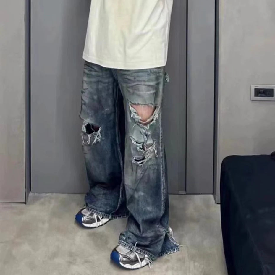 mens baggy jeans blue distressed ripped loose denim pants streetwear oversized hip hop jeans trousers unique jeans style 725
