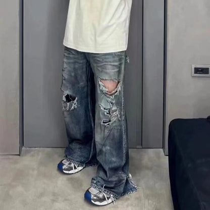 mens baggy jeans blue distressed ripped loose denim pants streetwear oversized hip hop jeans trousers unique jeans style 725