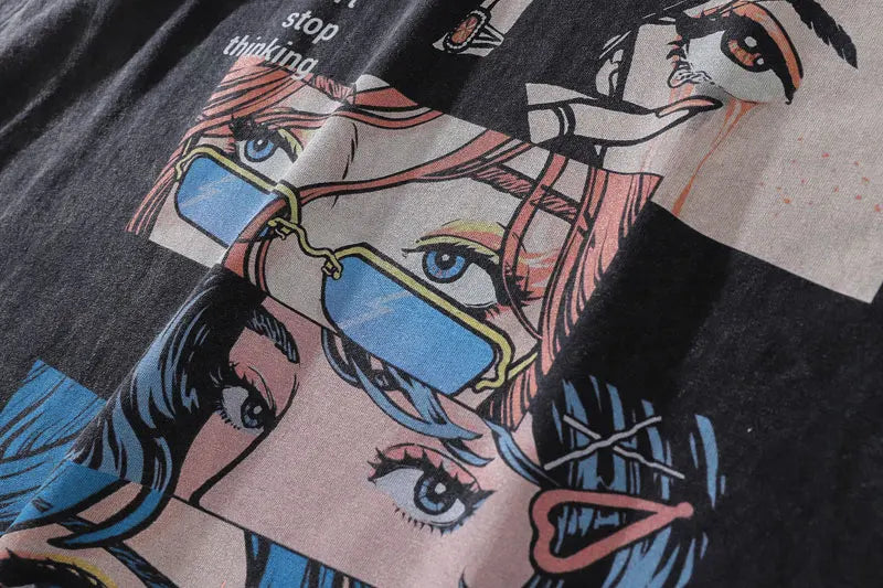 Distressed Oversize T Shirt Streetwear Japanese Anime Eyes Print Retro Tshirt 2023 Hip Hop Casual Cotton Loose T-Shirt Black Street King Limited