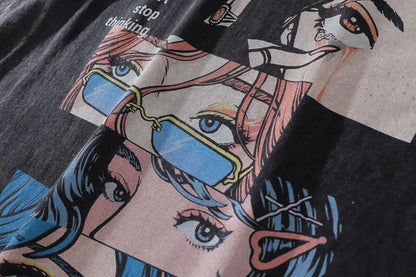 Distressed Oversize T Shirt Streetwear Japanese Anime Eyes Print Retro Tshirt 2023 Hip Hop Casual Cotton Loose T-Shirt Black Street King Limited