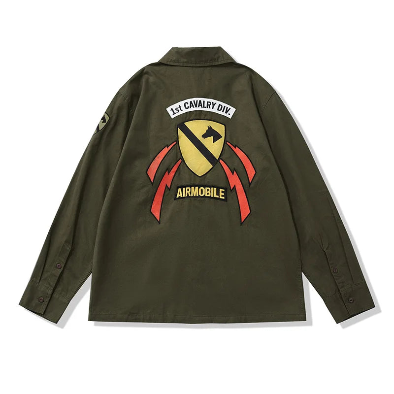 Amekaji Vintage Embroidered Long Sleeve Tooling Shirt Men Spring Autumn New Workwear Lapel Multi-pocket Cargo Shirt Cardigan Top Street King Limited