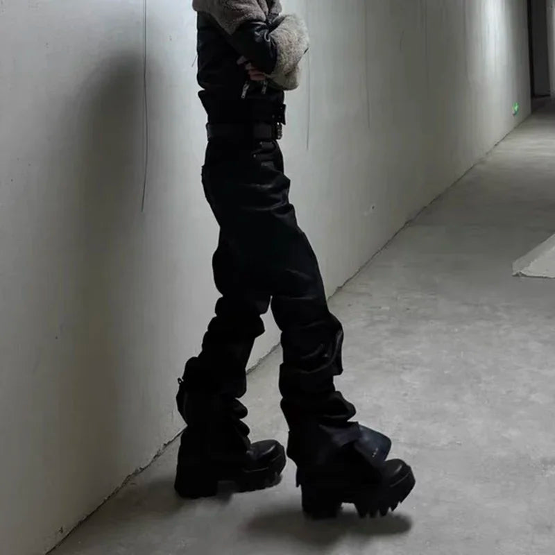 y2k streetwear wax leather strecth jeans for men and women ropa hombre baggy flare pants oversized straight denim trousers 1 stacked flare jeans