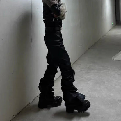 y2k streetwear wax leather strecth jeans for men and women ropa hombre baggy flare pants oversized straight denim trousers 1 stacked flare jeans