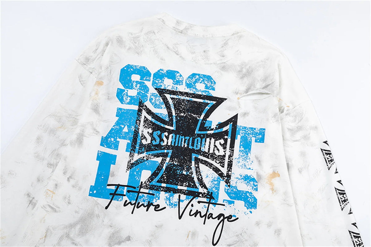 sssaint Louis Vintage Dirty Worn Distressed Cross Print High-Street Graffiti Long Sleeve T Shirt Pullover Summer Street King Limited
