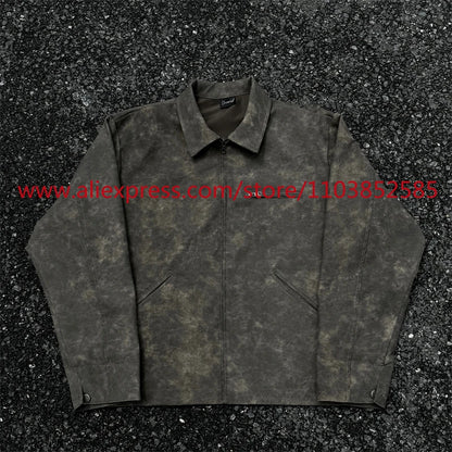 autumn and winter vintage long sleeved leather jacket american heavy duty motorcycle high street short style distressed lapel techwear shorts