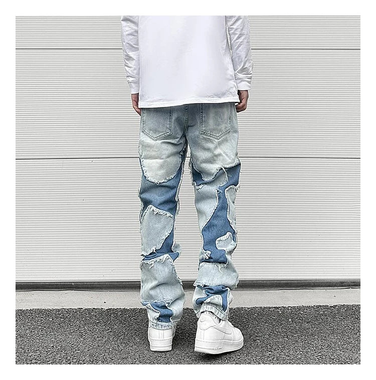 ripped irregular patchwork design denim jeans men casual zipper biker trousers jeans fashion streetwear hip hop pants joggers unique joggers style 2618