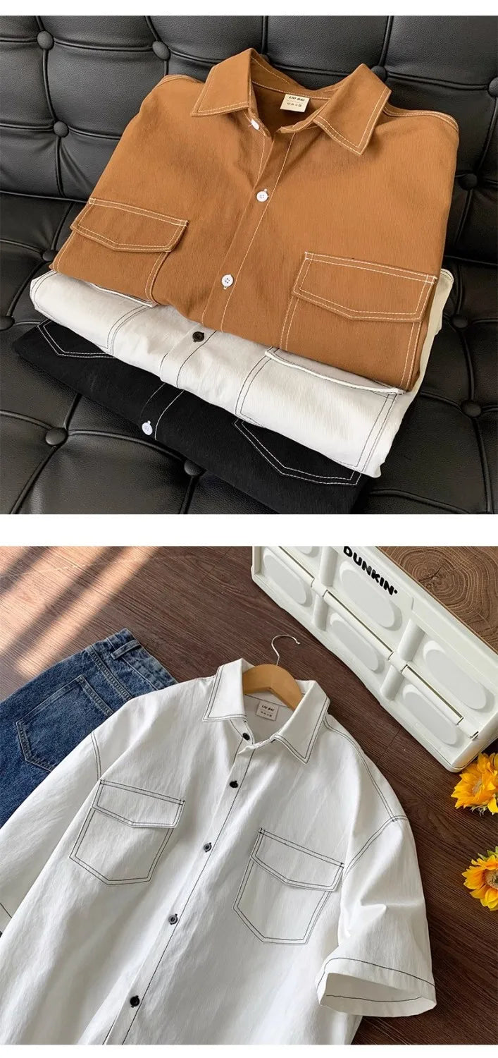 Retro trendy and personalized unisex style short sleeved men and women summer Korean street loose lapel couple work top y2k Street King Limited