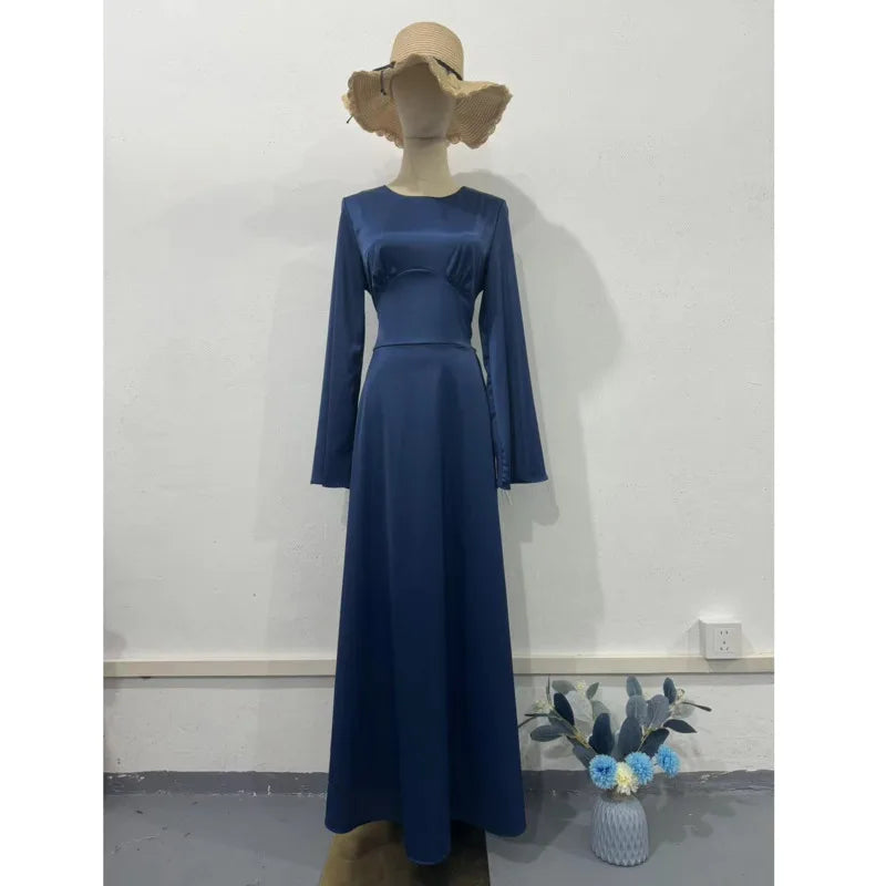 2024 Women Satin Long Dresses Sexy Lace Up Slim Evening Dresses Simple Round Neck Flare Sleeve Birthday Party Dresses For Women Street King Limited