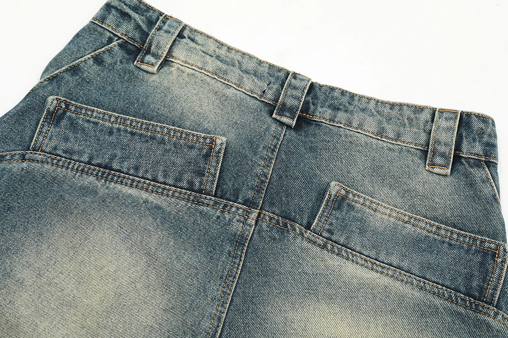 streetwear side pockets pleated washed blue jeans unisex straight baggy y2k denim pants ropa hombre casual cargo pants oversized unique cargo style 5207