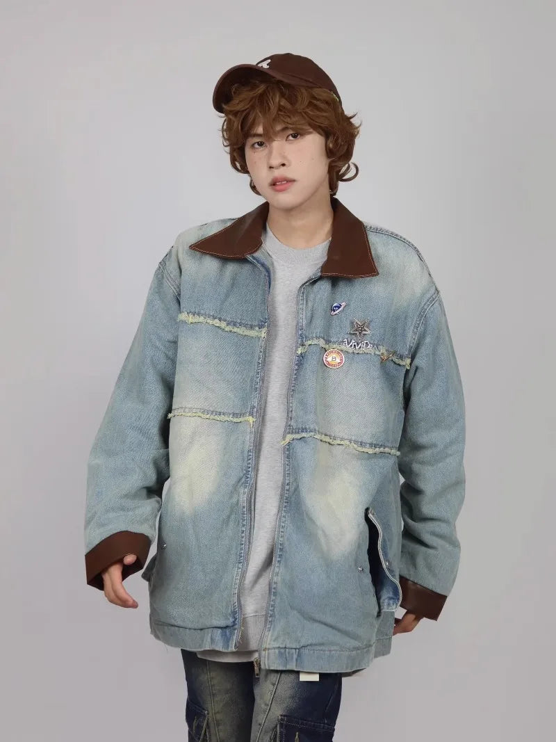 burr edge vintage mens denim jacket spring american patchwork lapel washed cowboy coats loose harajuku couple outwear new unique jeans style 2217