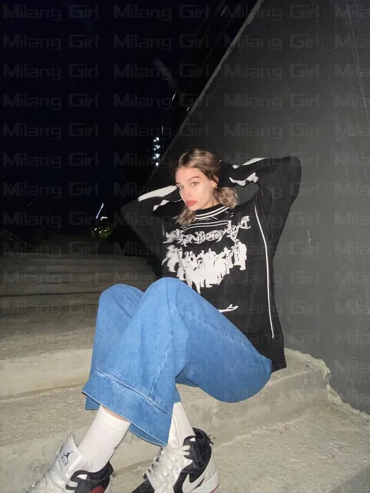 Hip Hop Streetwear Knitted Sweater Men Women Gothic Hassett Pattern Oversized Sweater Pullover Winter Harajuku Cotton sweater Street King Limited