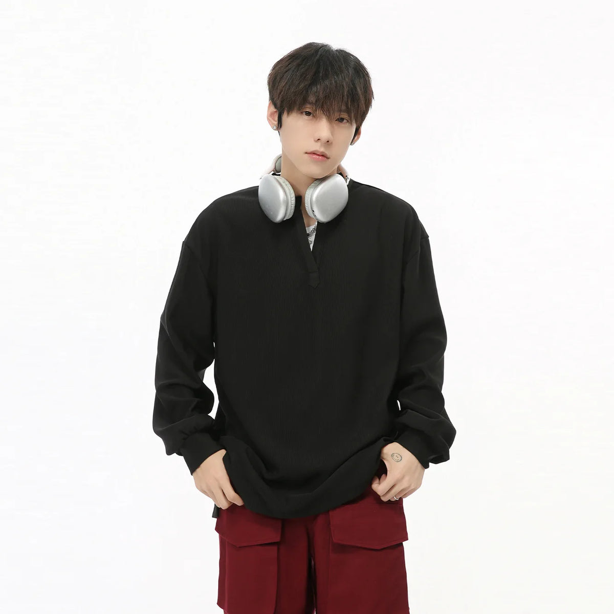 Men's  V-neck Long Sleeve T-Shirt Tops Clothing Autumn Korean Style Lazy Simple Solid Color Casual Pullover Bottoming Shirt Street King Limited