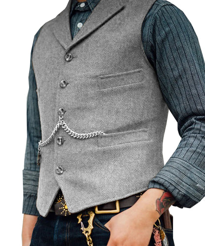 Business Mens Suit Vest Lapel V Neck Wool Herringbone Casual Brown Waistcoat Casual Formal Groomsman Jacket For Wedding Street King Limited