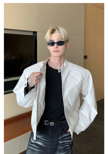 high street motorcycle pu leather jacket men hip hop trend shoulder padded coat street fashion stand collar zipper short outwear unique shorts style 1968