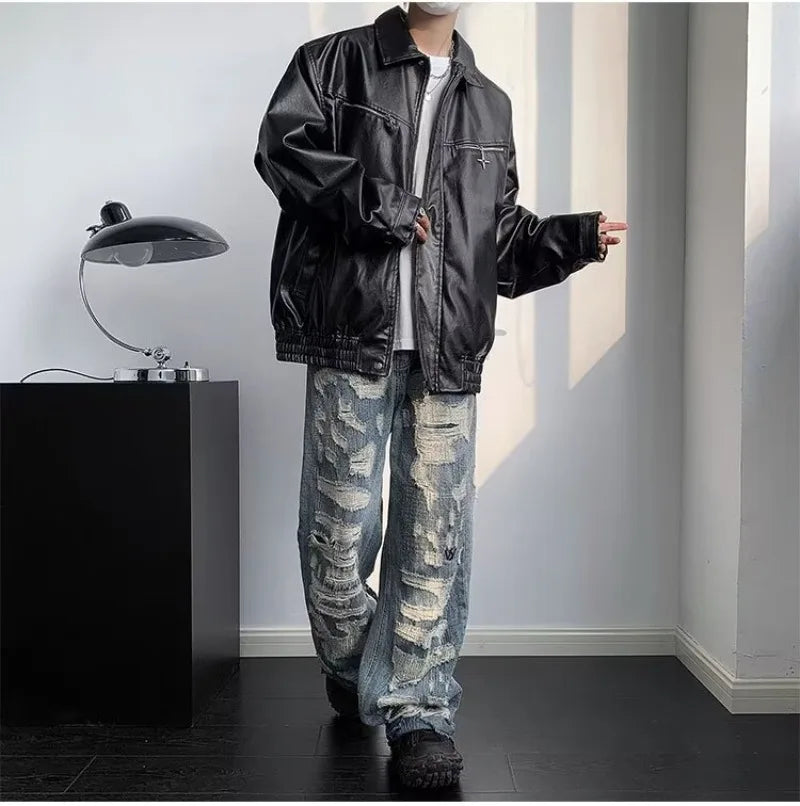 retro motorcycle pu leather jacket mens high street punk zipper decoration loose coats unisex hip hop fashion outwear spring unique default style 2050