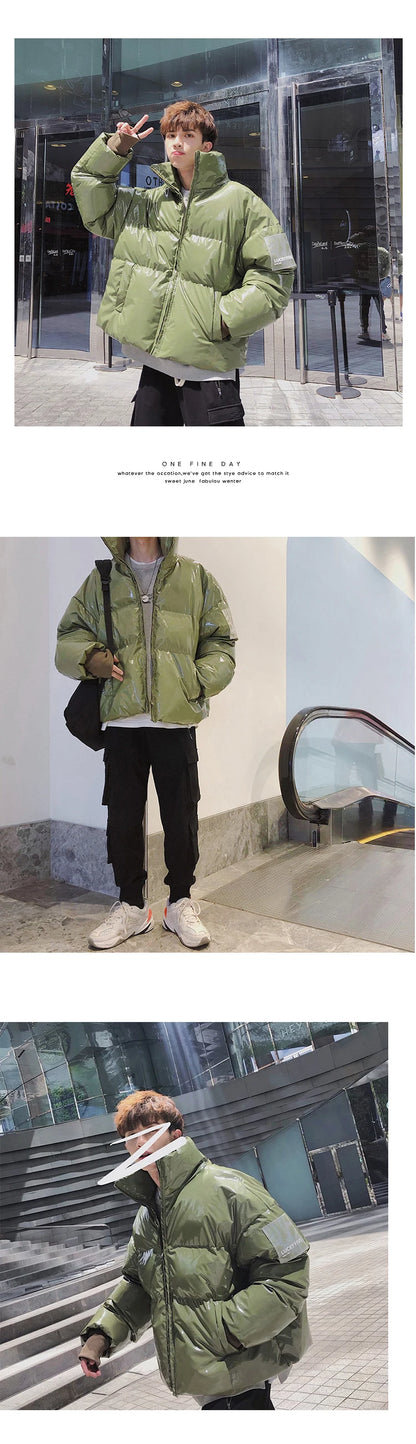 Winter Jacket Men Parkas Thicken Warm Coat Stand Collar Oversize Parkas Bright Leather Fabric Jacket Korean Style Padded Coat Street King Limited