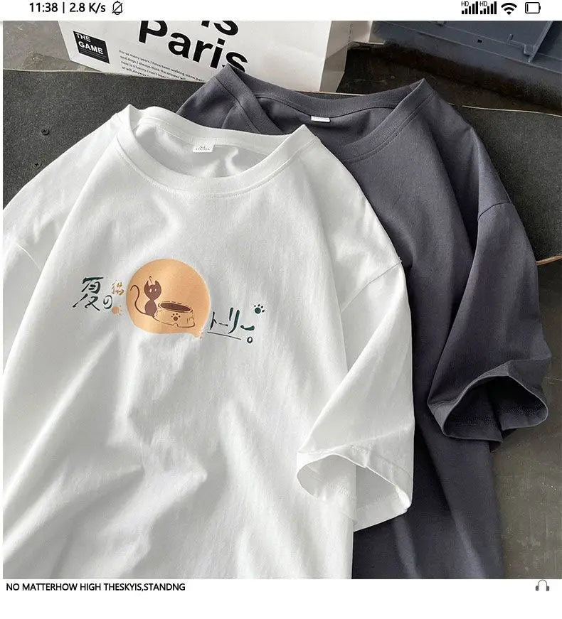 Korean style fun cat print men short-sleeved T-shirt new lazy style y2k simple casual versatile salt loose half-sleeved T-shirt Street King Limited