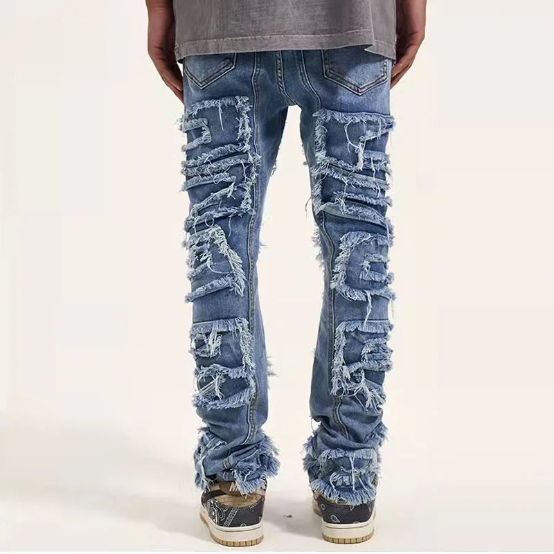 retro hole ripped distressed jeans for men straight washed harajuku hip hop loose denim trousers vibe style casual jean pants vintage washed jeans