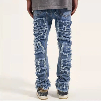retro hole ripped distressed jeans for men straight washed harajuku hip hop loose denim trousers vibe style casual jean pants vintage washed jeans