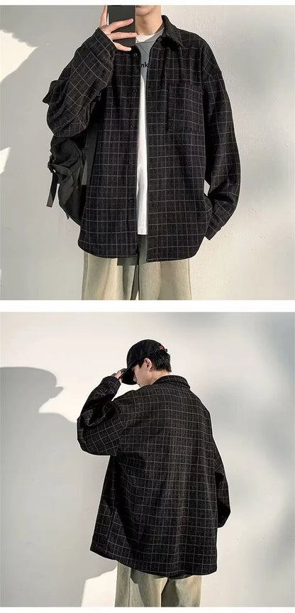 Streetwear Autumn Long Sleeve Corduroy Plaid Shirt Mens High Street Retro Casual Autumn Long Sleeve Corduroy Plaid Shirt Mens High Street Retro Casual Social Blouses Korean Fashion Loose Y2K Tee Shirts Fashion Sweater Jacket With Graphic Design For Men