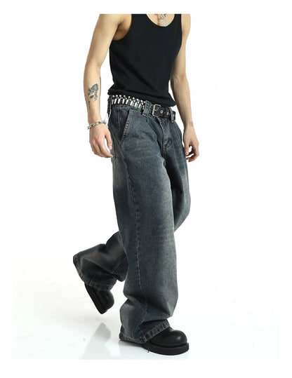 mens high street loose denim jeans unisex casual straight zipper jeans hip hop streetwear casual wide legs joggers baggy jeans unique joggers style 5086