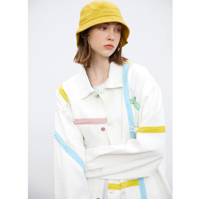 2023 autumn varsity jackets men hip hop streetwear striped drawstring design college jacket coat unisex clothing relaxed fit trousers