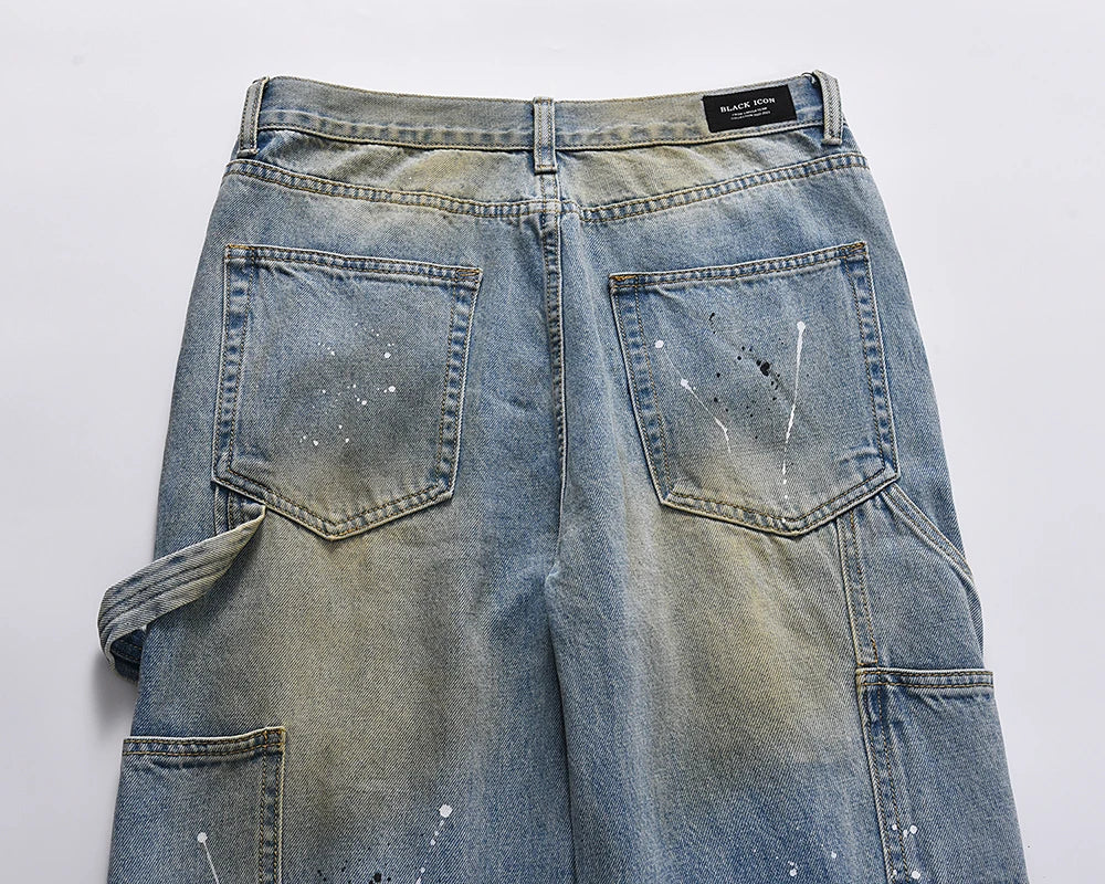 front zipper hole distressed washed vintage mens jeans pants harajuku y2k straight ink painted baggy denim trousers oversized unique jeans style 1977