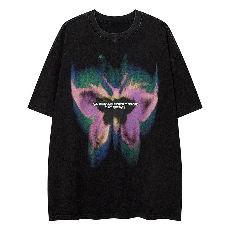 Men T Shirts Aurora Butterfly Printed Short Sleeve T-Shirt Vintage Washed Distressed Crew Neck Cotton Tee Summer Streetwear Tops Street King Limited