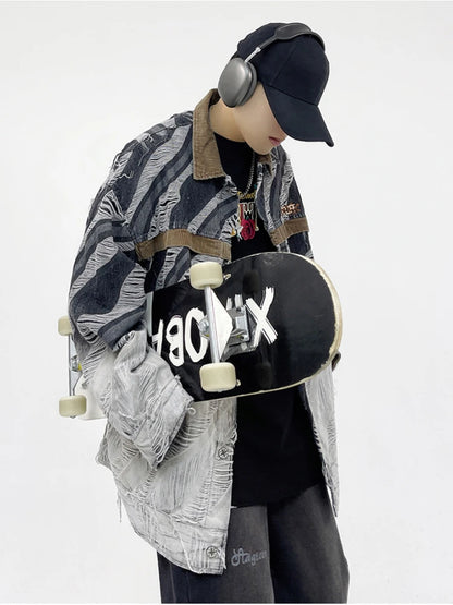 zebra printed harajuku denim jacket and coat mens hip hop patchwork ripped holes jeans outerwear casual streetwear jeans jackets ripped baggy denim